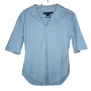 Ralph Lauren Sport Women's Button Down Shirt Super Slim Fit Blue Gingham Size 4